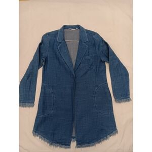 Soft Surroundings Denim Jean Jacket Blue Frayed Hem Long Sleeve Women's Size S